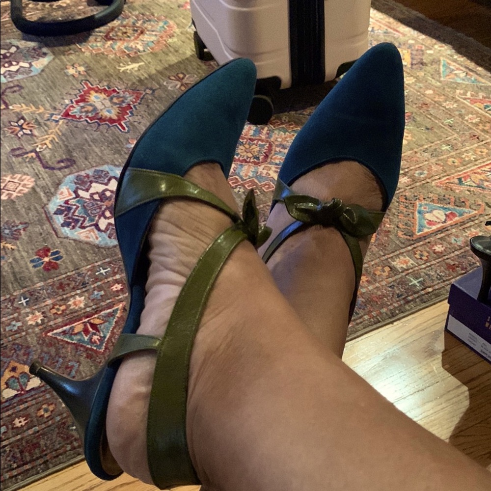 Chic Blue and Green Heels with Ribbon Straps